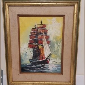 Antique oil painting of a Barque‎ tall ship, framed and unsigned.